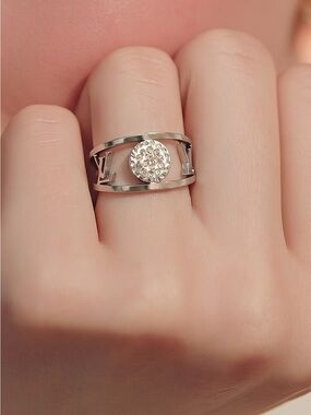 Stainless Steel Silver Crystal Pavé Round Logo Band Ring